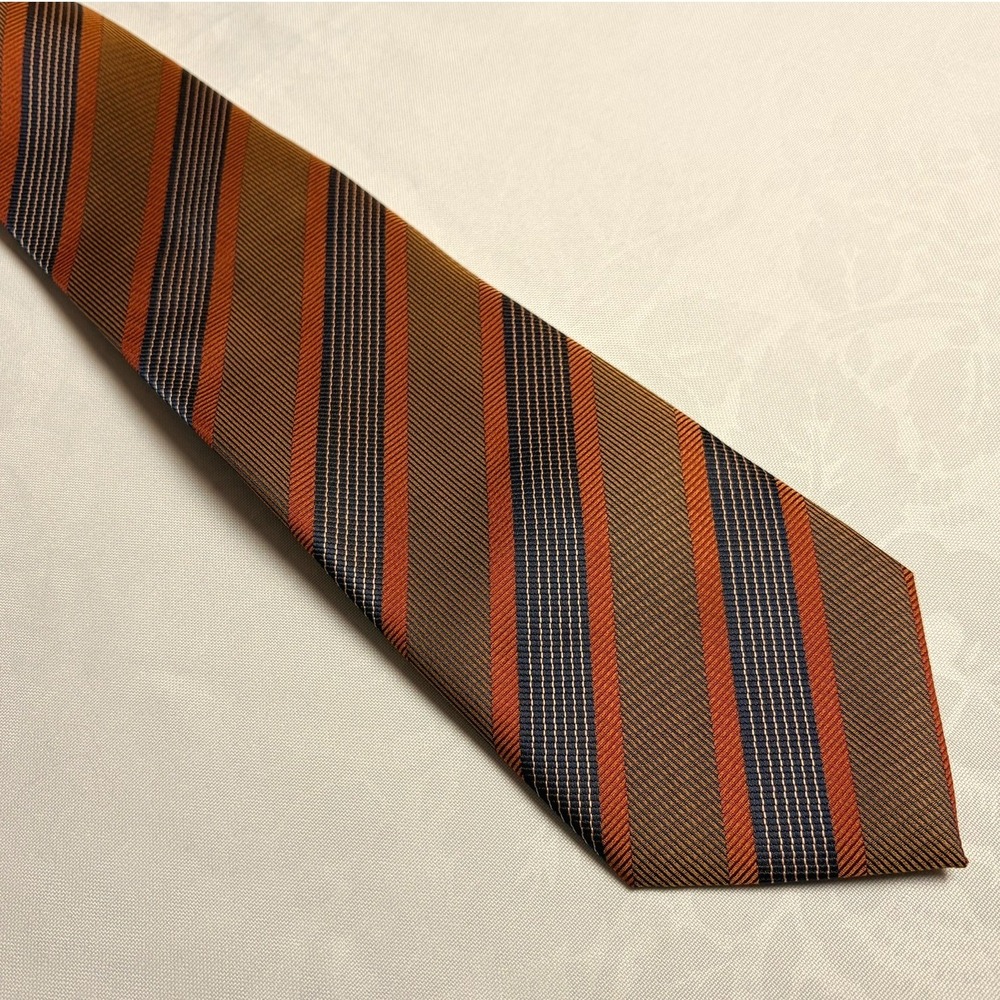 Bert Pulitzer Mens Necktie Brown Orange Navy Striped Woven Polyester Wide Tie